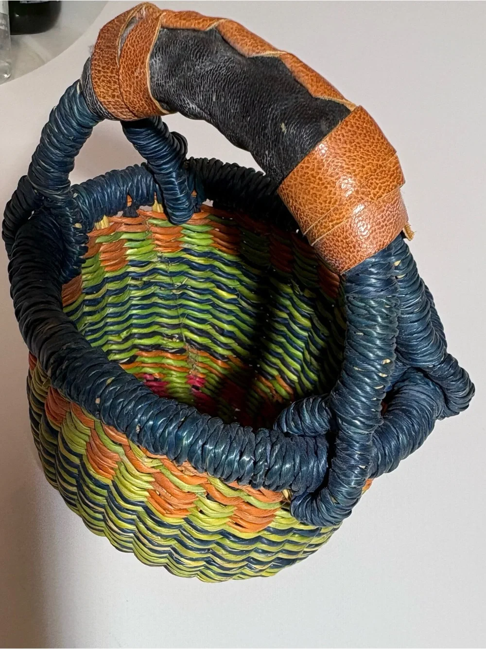 Handwoven Mini Basket with Handle — Blue, Green & Orange